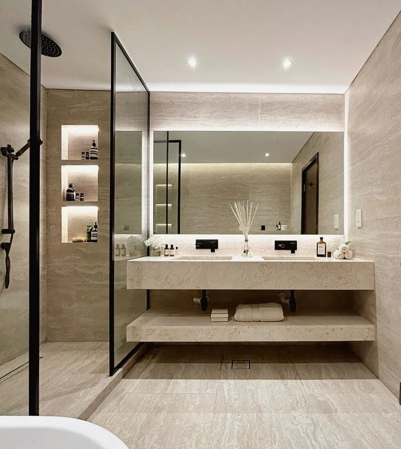 Glass shower screen with matching black framed vanity mirrors